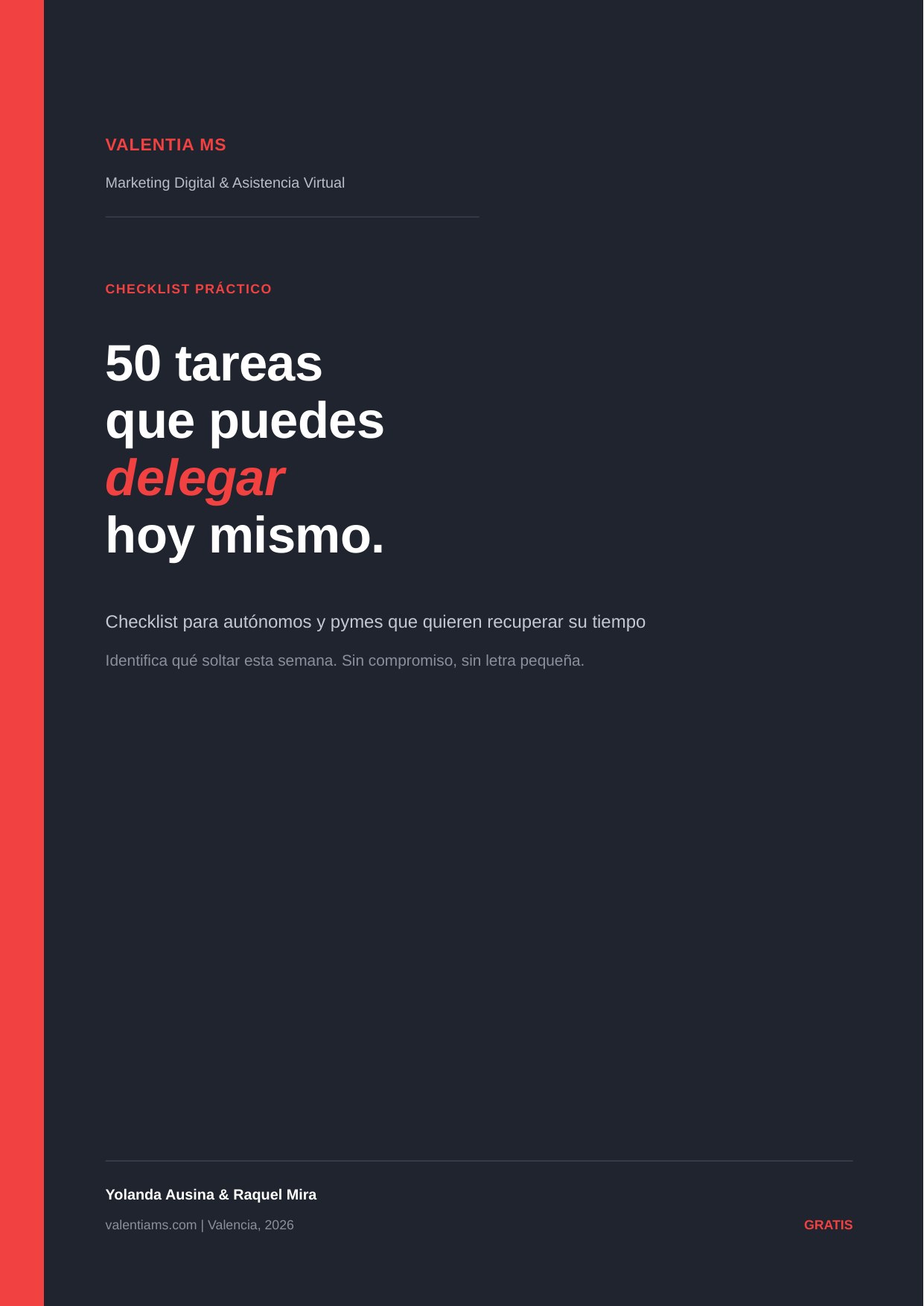 Portada checklist 50 tareas que puedes delegar a una Asistente Virtual — Valentia MS